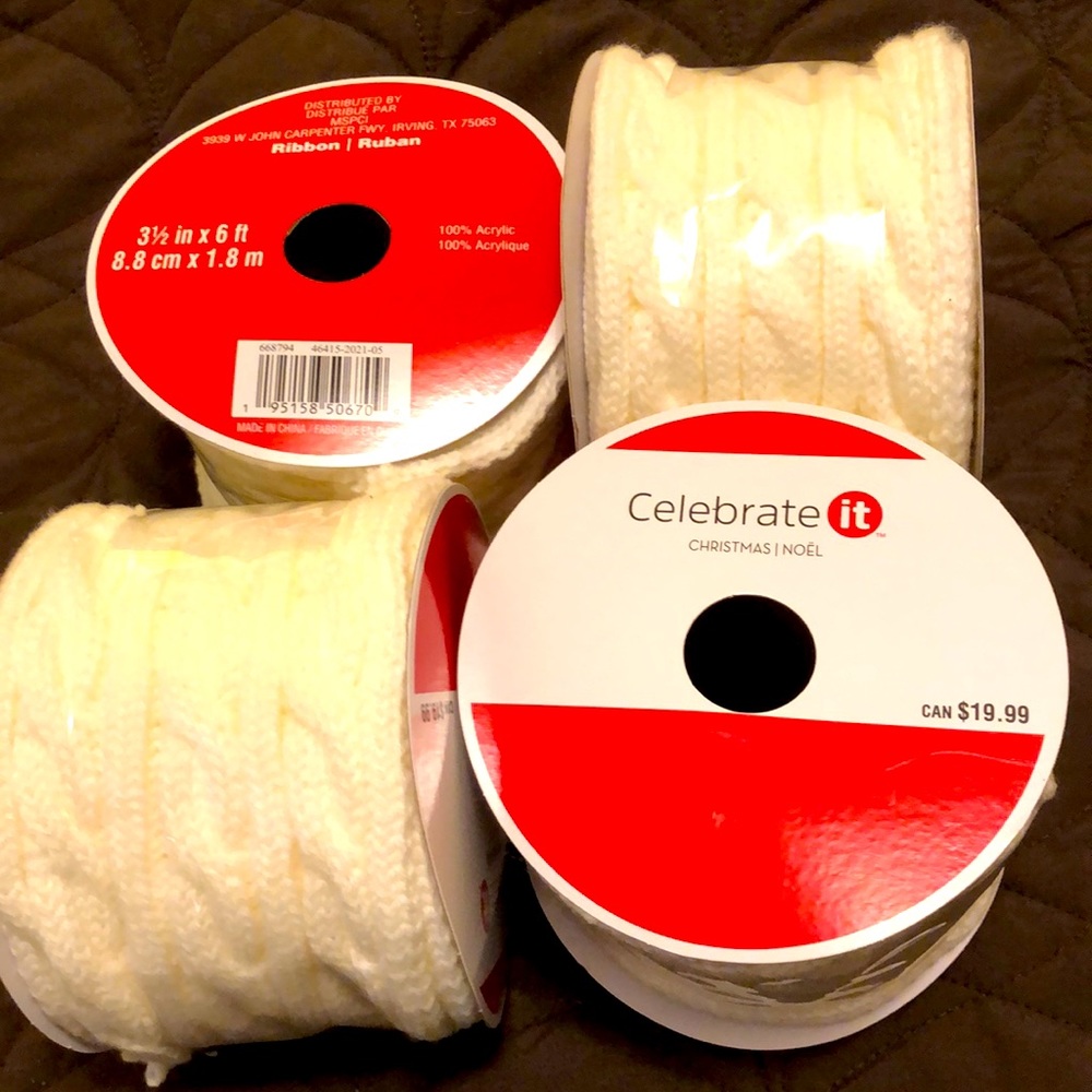 RIBBON CREAMY WINTER WHITE CABLE KNIT STRETCHY - 4 SPOOLS 3.5”x6ft each - #199